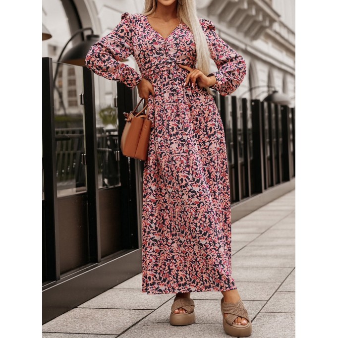 Printed V-Neck Long Sleeve Maxi Dress