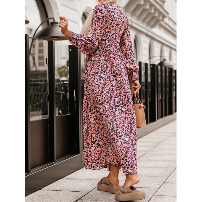 Printed V-Neck Long Sleeve Maxi Dress