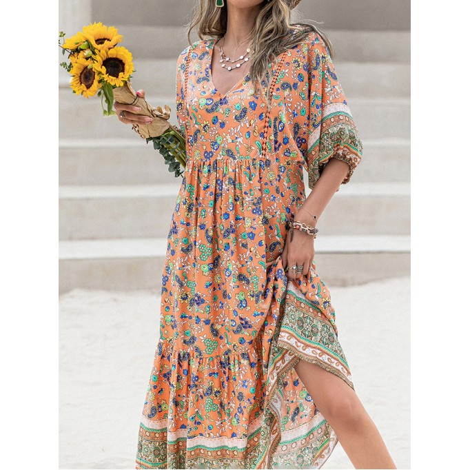 Printed V-Neck Short Sleeve Midi Dress