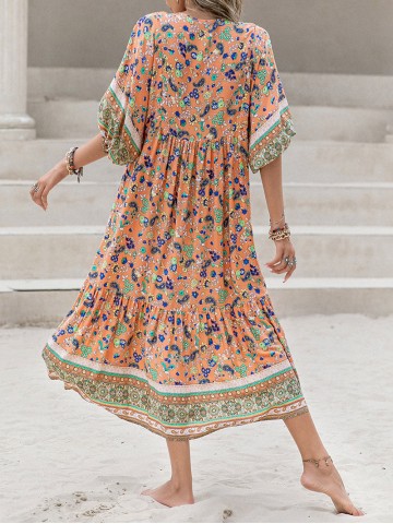 Printed V-Neck Short Sleeve Midi Dress