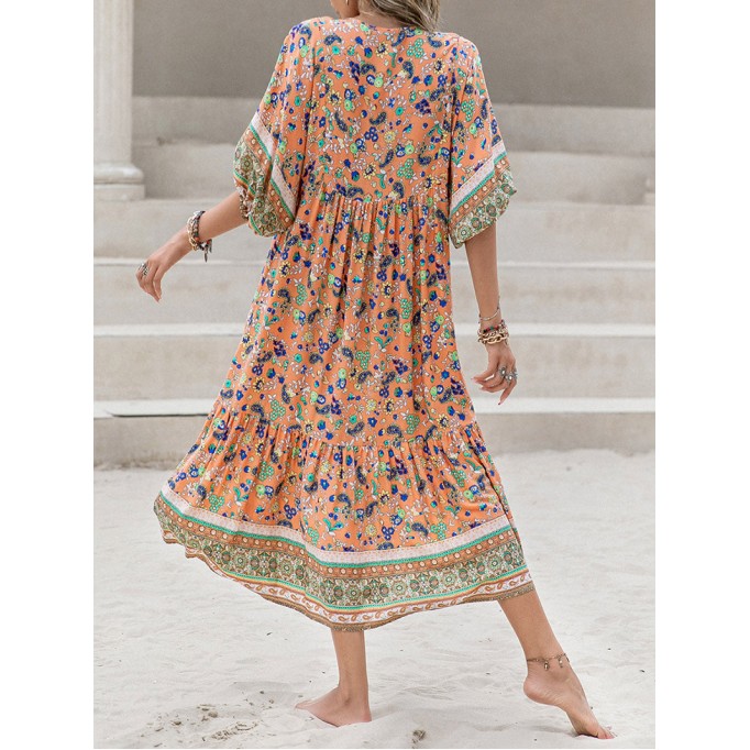 Printed V-Neck Short Sleeve Midi Dress