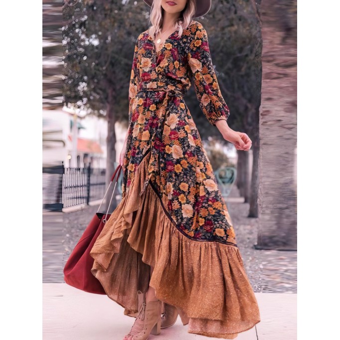 Retro Long Sleeve Printed Long Dress