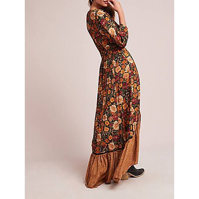 Retro Long Sleeve Printed Long Dress