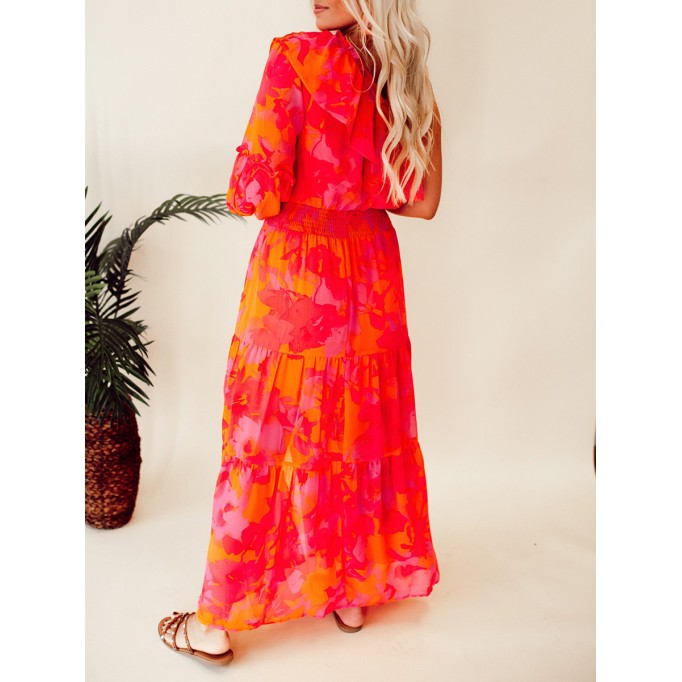 Rose Orange Flower Single Shoulder Long Dress