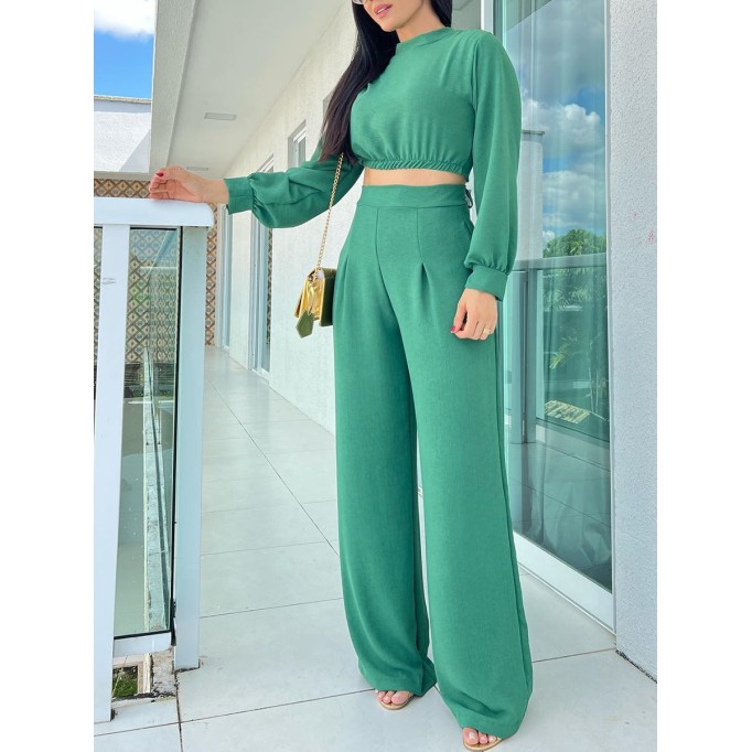 Round neck short top high waisted wide leg pants set