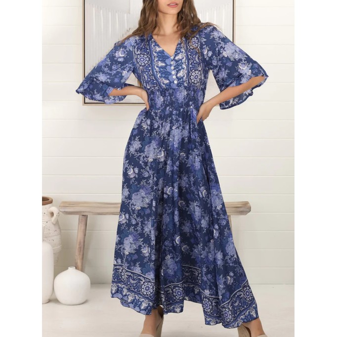 Short sleeve Bohemian slit print maxi dress