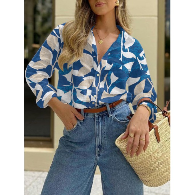 Simple and elegant printed loose shirt + denim trousers 2-piece set