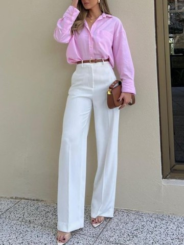 Simple elegant loose shirt + solid color pants 2-piece set