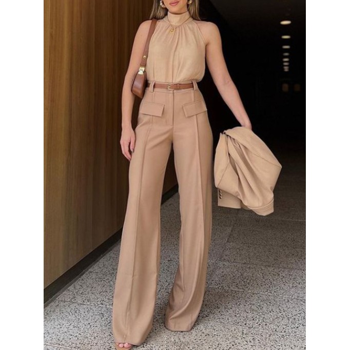 Simple women's halter top + patchwork wide-leg pant suit