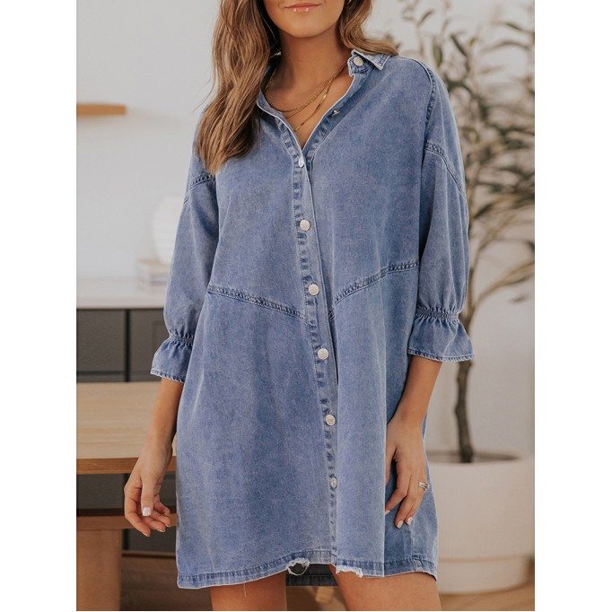 Sky Blue Buttoned Long Sleeve Denim Mini Dress