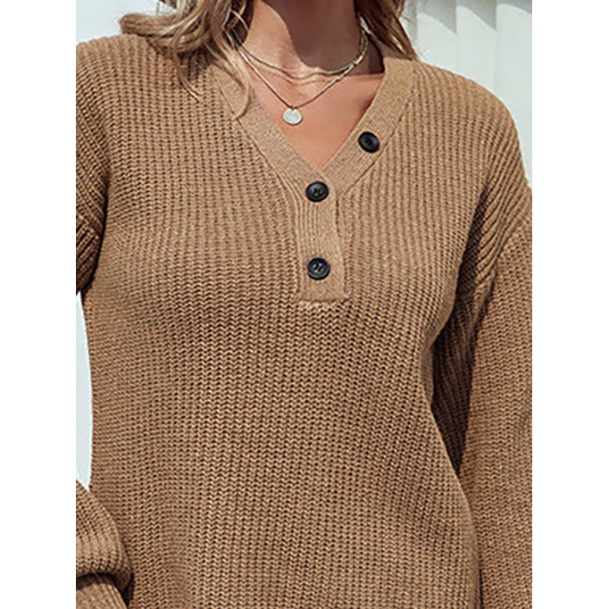 Solid Color V-neck Button Mid-length Women's Sweater Dress