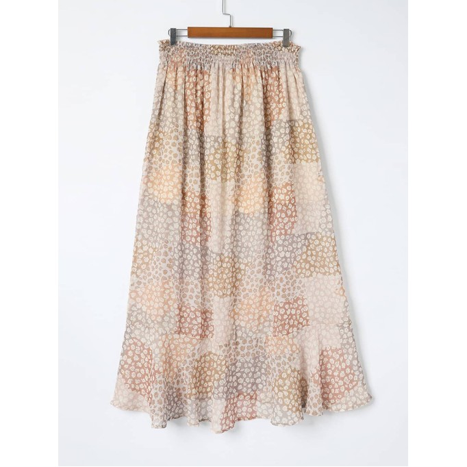 SPLIT BUTTONS DRAWSTRING SHIRRED FLORAL MAXI SKIRT