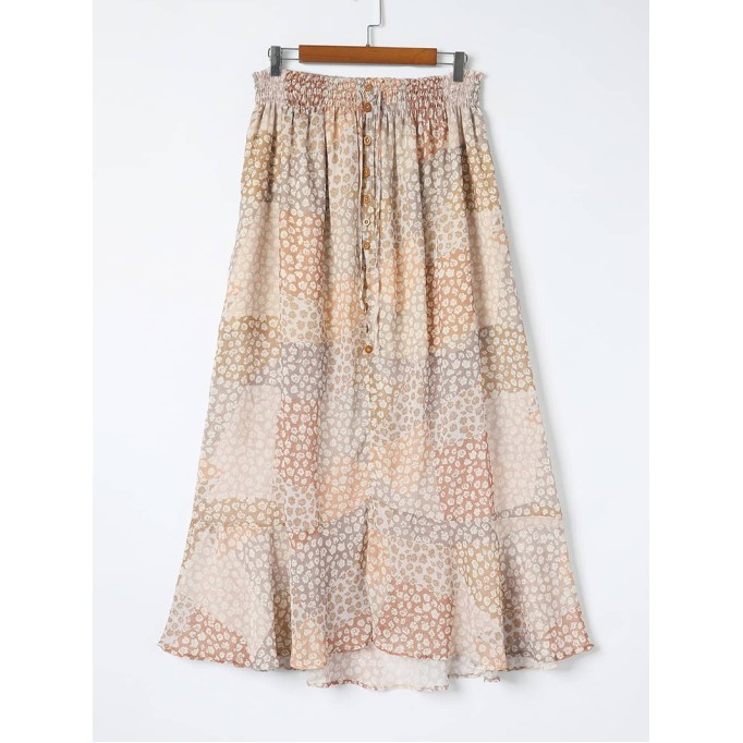 SPLIT BUTTONS DRAWSTRING SHIRRED FLORAL MAXI SKIRT