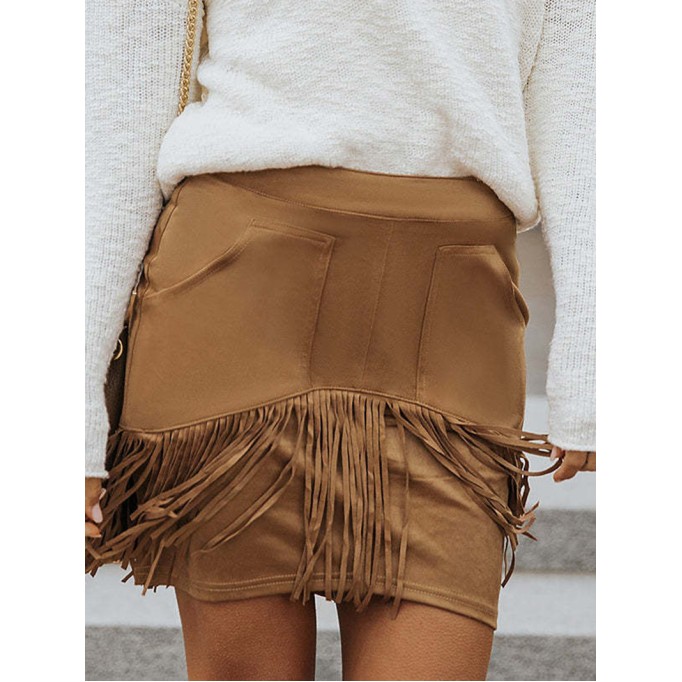 TASSEL ZIPPED POCKETS HIGH WAIST MINI SKIRT