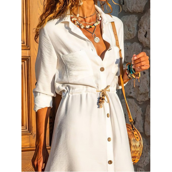 Tie Button Long Sleeve Shirt Dress