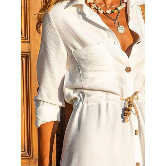 Tie Button Long Sleeve Shirt Dress