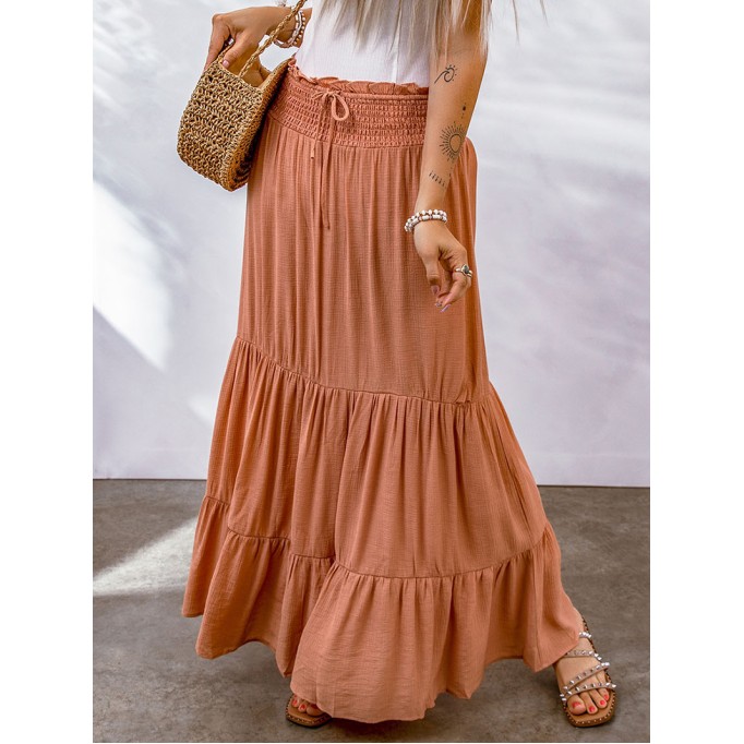 TIE SMOCKING HIGH WAIST TIERED MAXI SKIRT