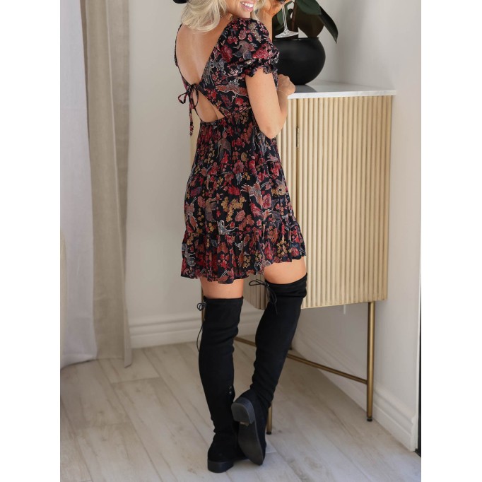 V-neck bubble sleeve floral dress