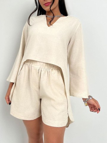 V-neck irregular top wide leg shorts set