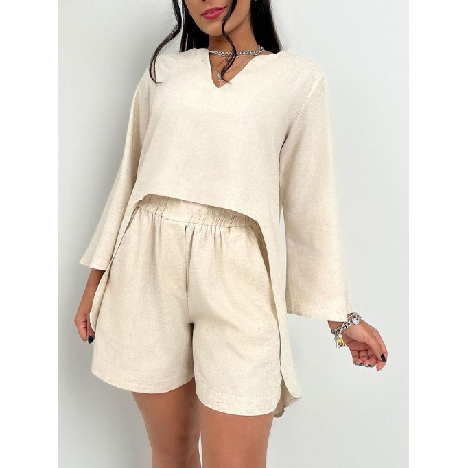 V-neck irregular top wide leg shorts set