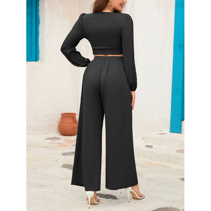 V-neck long sleeved short top wide leg pants set