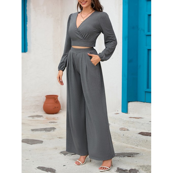 V-neck long sleeved short top wide leg pants set