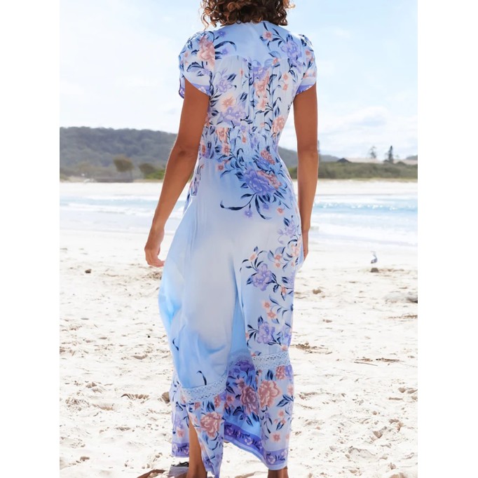 V-neck short sleeve Bohemian holiday floral slit dress