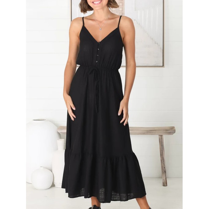 V-neck suspender button-element cotton and linen maxi dress