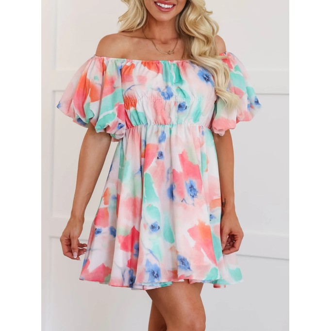 Watercolor pattern bubble sleeve dress