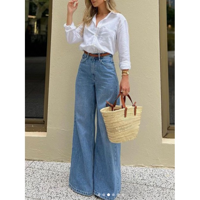 White simple elegant cotton loose shirt + denim trousers 2-piece set