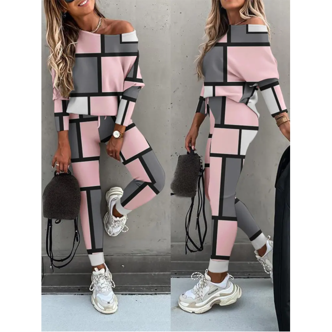 Women's Casual Color Block Print Two Piece Set