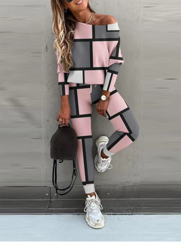 Women's Casual Color Block Print Two Piece Set