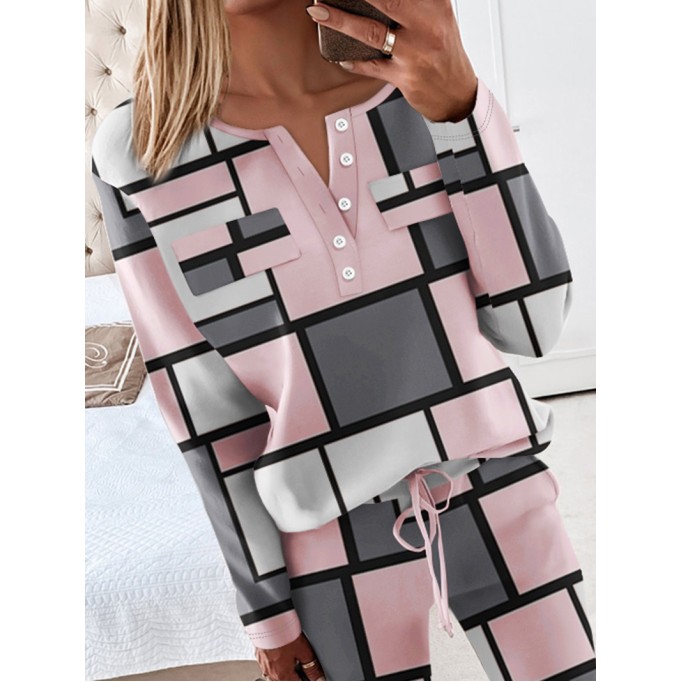 Women's Casual Colorblock Print Round Neck Split Button Two Piece Set