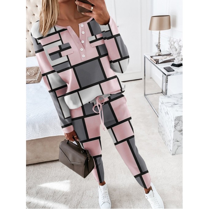 Women's Casual Colorblock Print Round Neck Split Button Two Piece Set