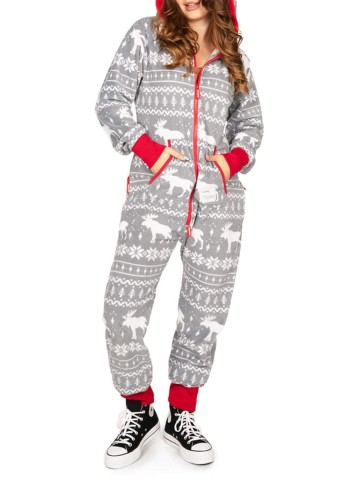 Women's Christmas Elk Print Zip Jumpsuit