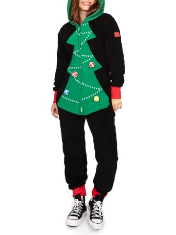 Women's Contrast Christmas Tree Hooded Jumpsuit