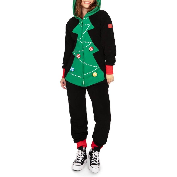 Women's Contrast Christmas Tree Hooded Jumpsuit