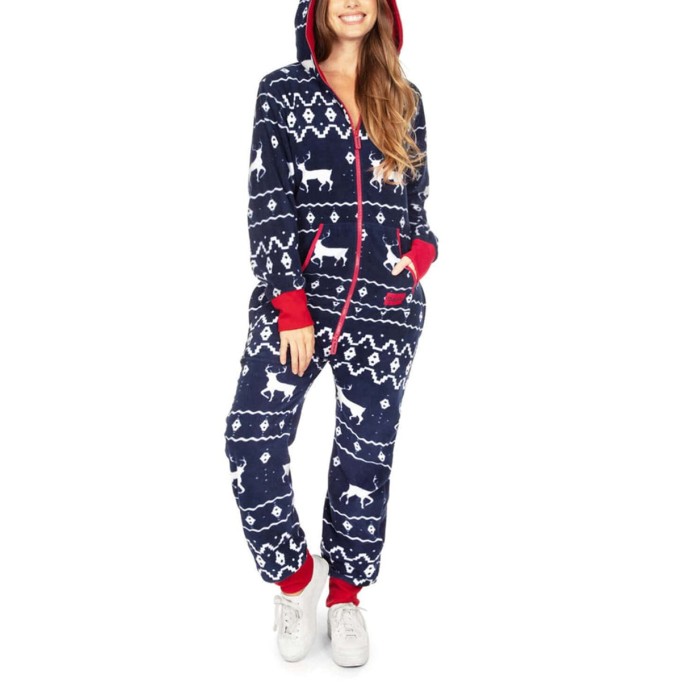 Women's Elk Print Zip Hooded Jumpsuit