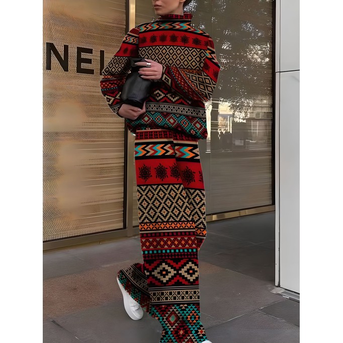 Women's Fashion Printing Loose High Neck Pants Long Sleeve Two Piece Set