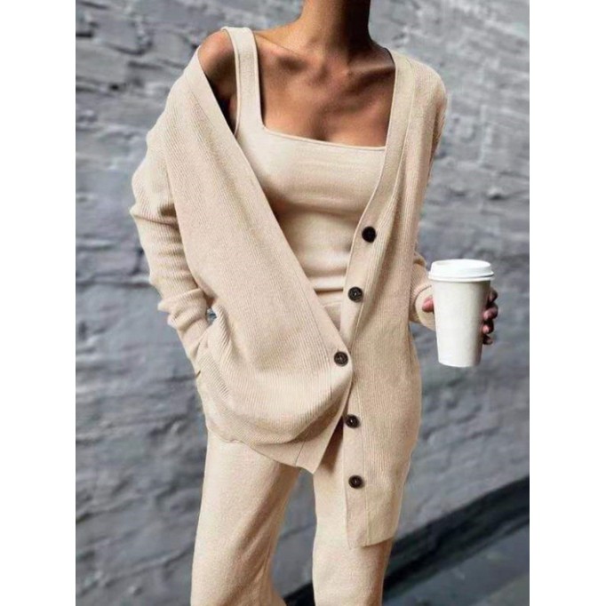 Women's Jacket Vest Pants Knit Three Piece Set