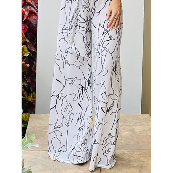 Women's line graffiti print casual jumpsuit wide leg pants white