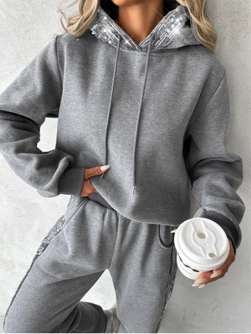 Women's Solid Color Sequin Hoodie Two Piece Set