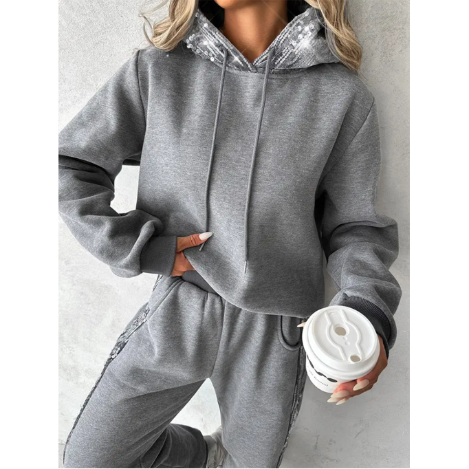 Women's Solid Color Sequin Hoodie Two Piece Set