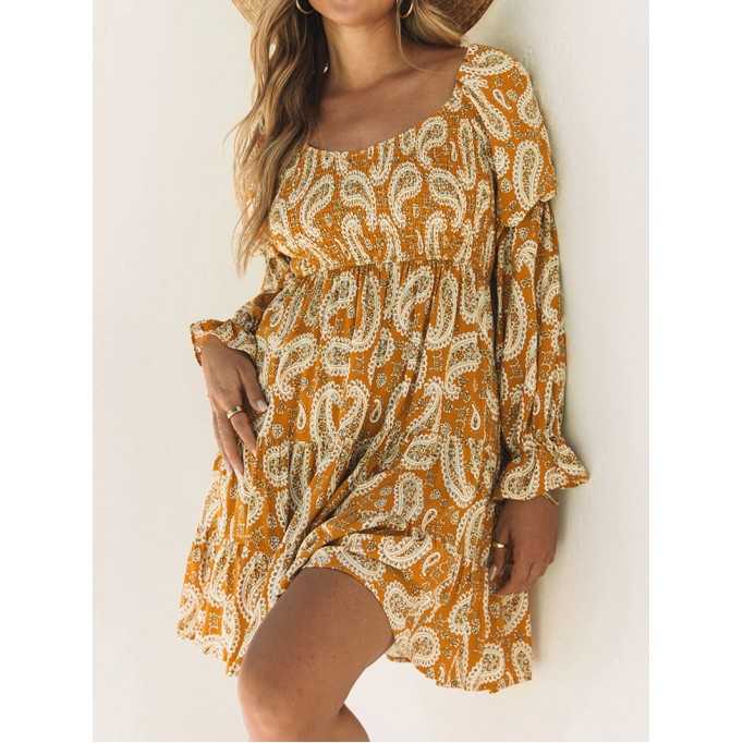 Yellow Boho Floral Collared Long Sleeve Ruffled Dress